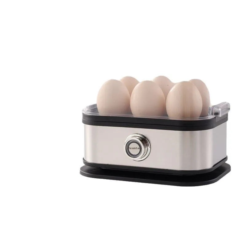 Black portable stainless steel mini egg boiler for travel with multiple power plugs.