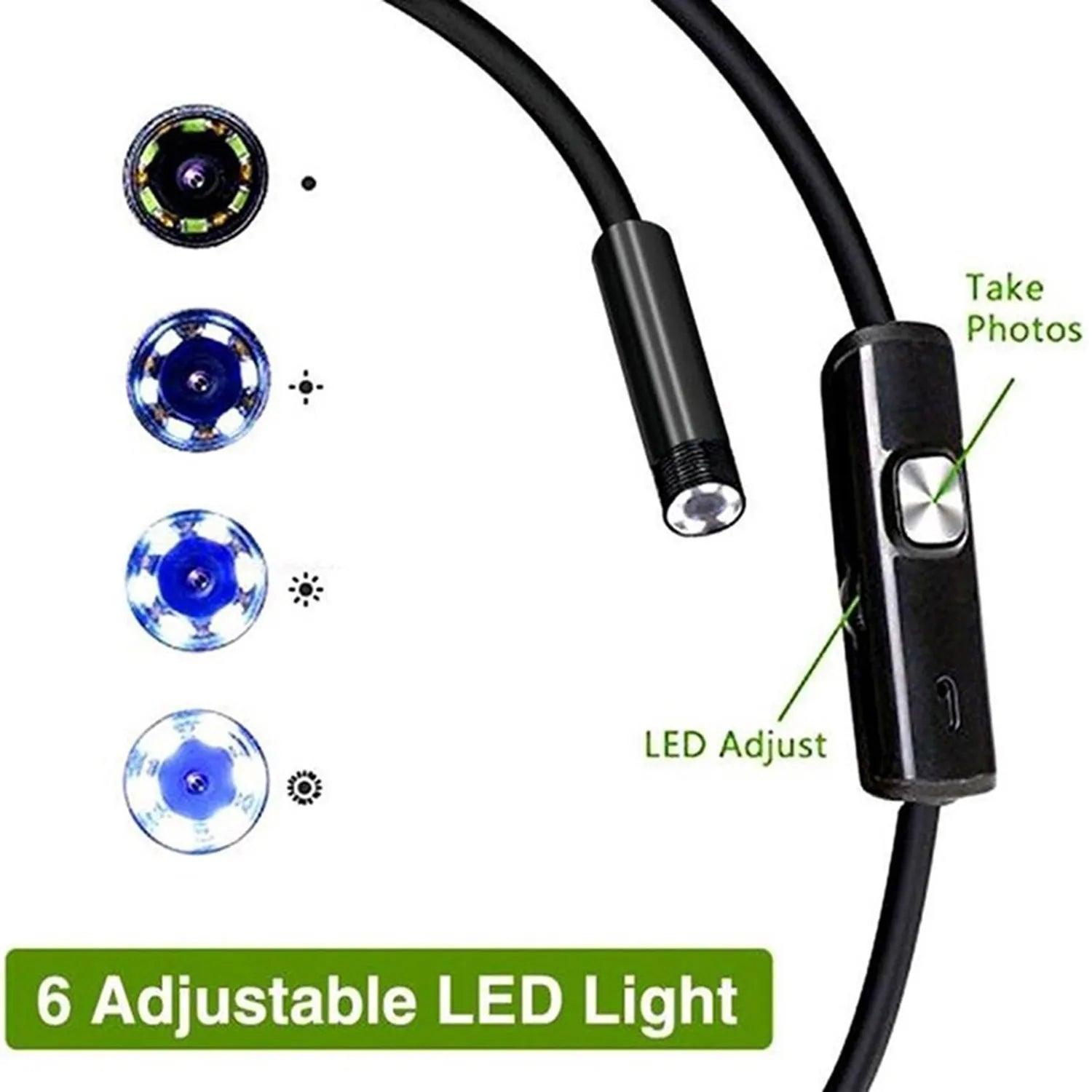 Android mobile phone connected to a USB endoscope with flexible cable, hook, magnet and side mirror attachments for inspection work.