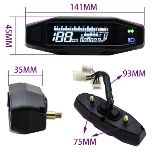 Black mini motorcycle LCD speedometer and fuel gauge with 141x45mm dimensions on a handlebar