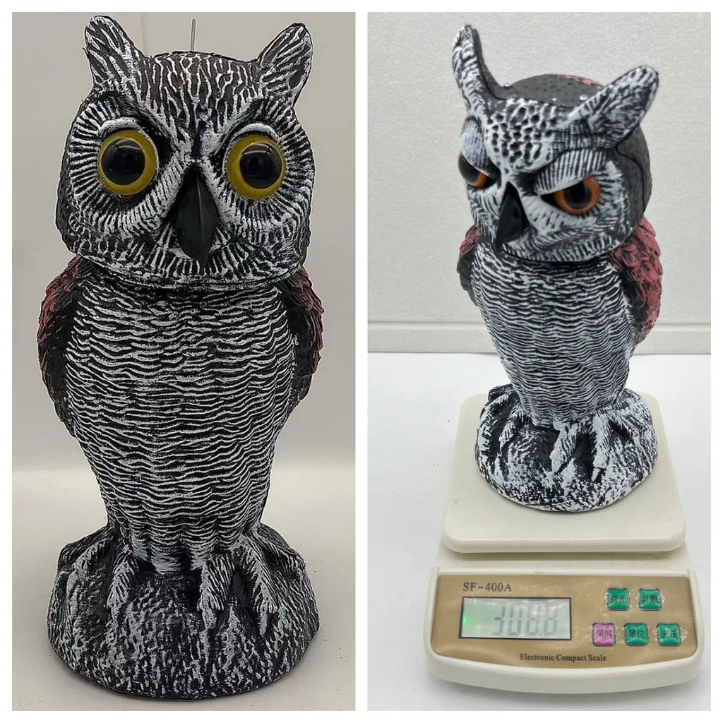 Artificial owl bird deterrent decoy with realistic features for outdoor garden use