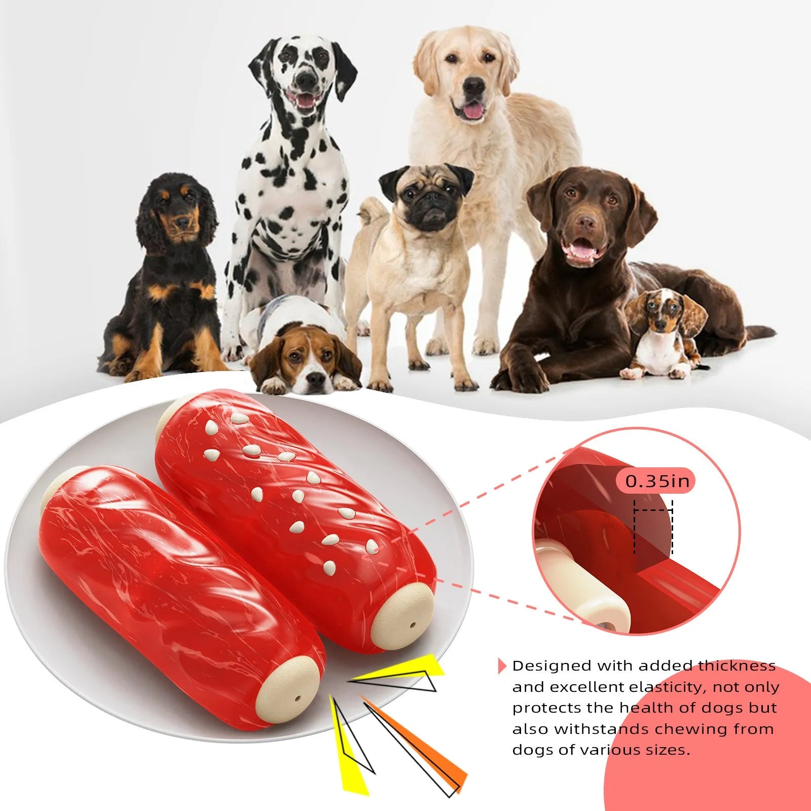 Primary colour plastic dog chew toy with textured molar rod surface and snack compartment