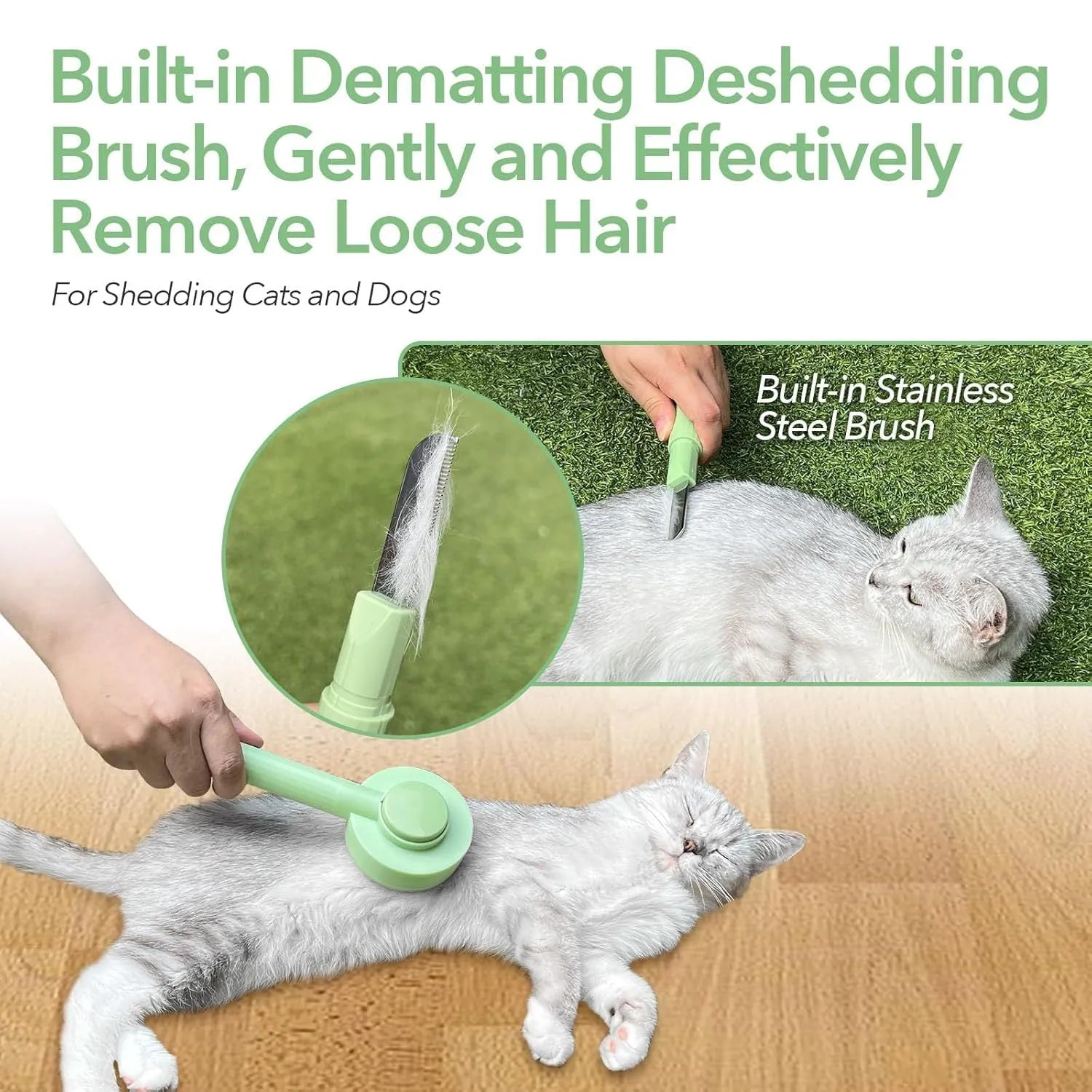 Green 2-in-1 pet grooming brush with stainless steel teeth for cats and dogs measuring 17.5cm
