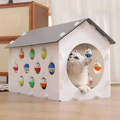 Plastic cat scratch board toy with integrated cat nest bed and tunnel, featuring a bell ball.