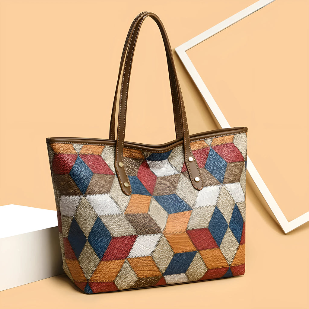 Women's large capacity PVC handbag in blue brown colour with sandwich pocket design for business and leisure use