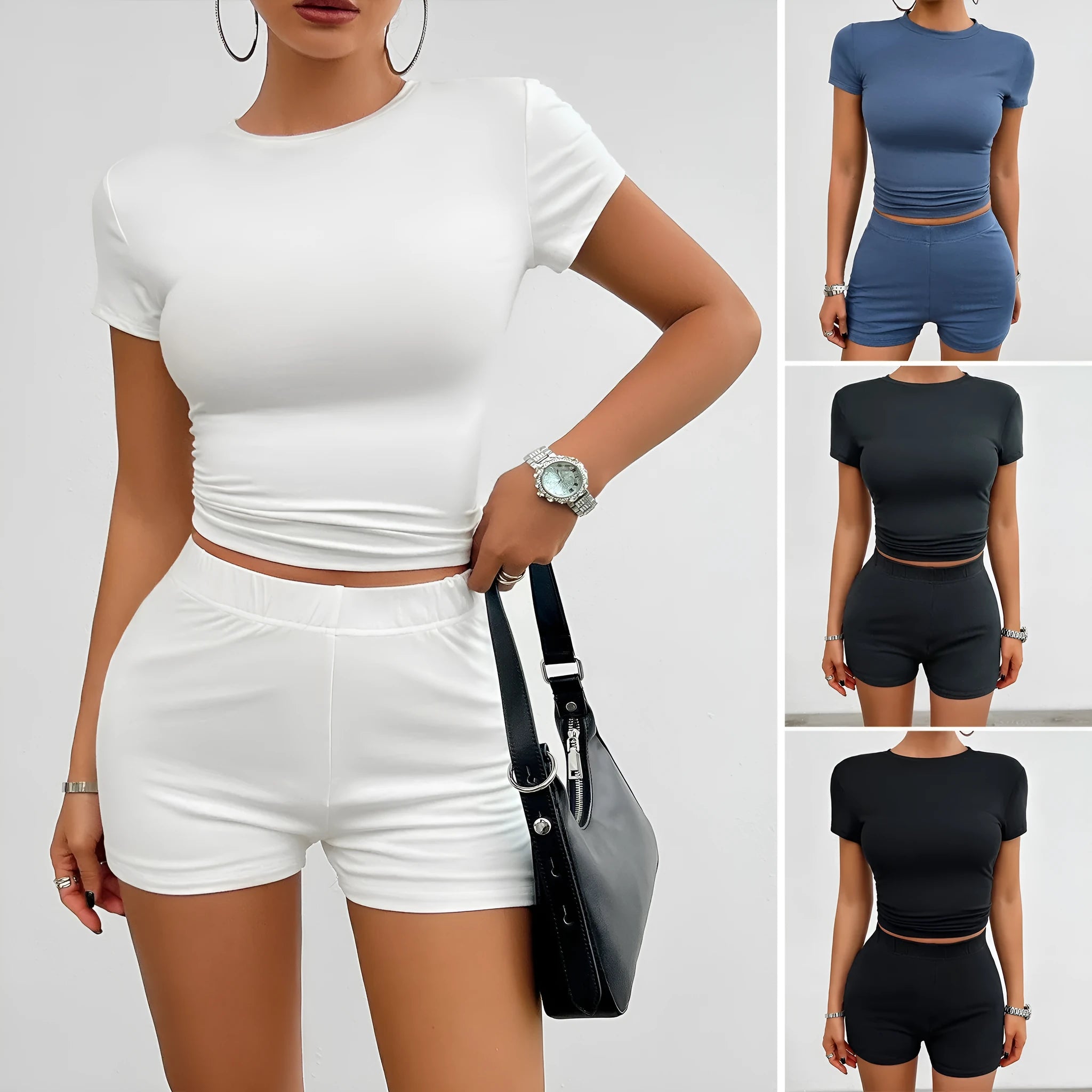 Women's solid colour two-piece sports set with round neck t-shirt and elastic shorts.