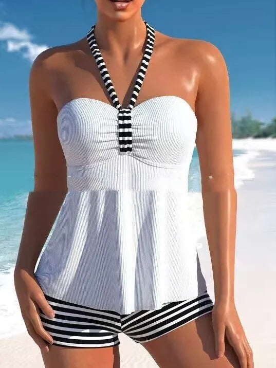 Women's off-shoulder swimsuit in black and white stripes with briefs style