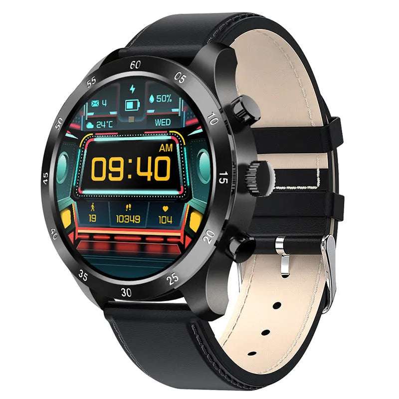 Apple iOS smart watch with Bluetooth calling on wrist, showing steel case and health monitoring display.