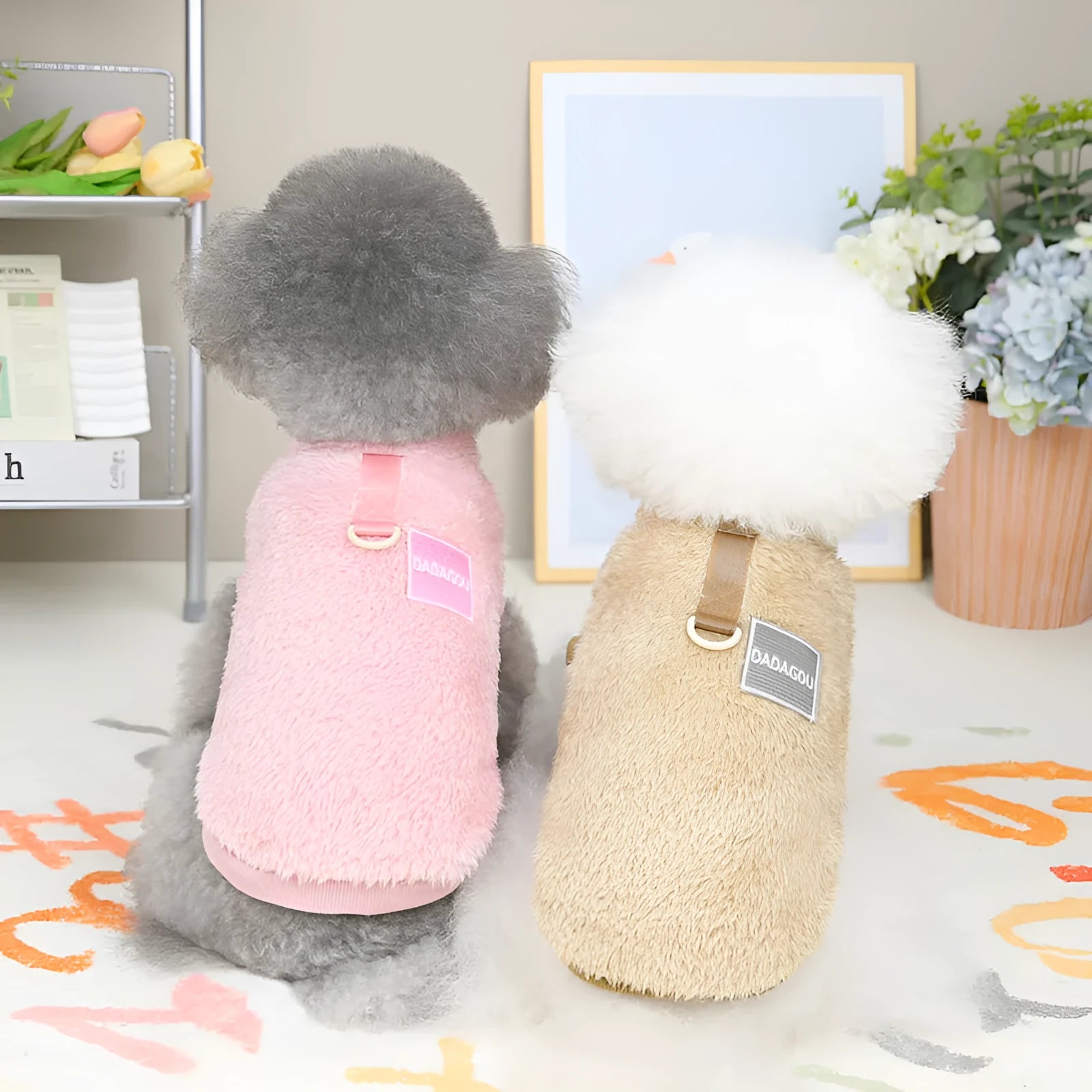 Coral fleece pet jacket with colourful pull rings closure in multiple colour options