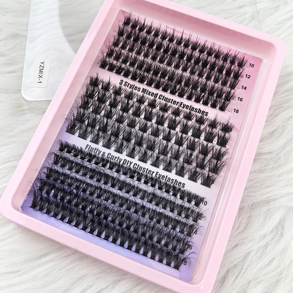 Large box of mixed messy false eyelashes showing storage dimensions and style variety.
