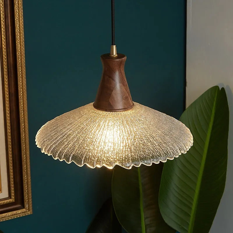 Retro brass and glass ceiling chandelier with wooden body for restaurant lighting
