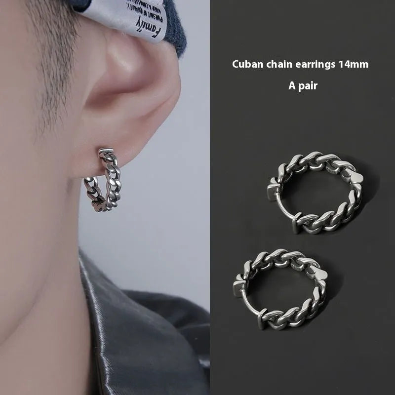 Men's geometric stud earrings with silver-colour finish and West Coast hip hop style