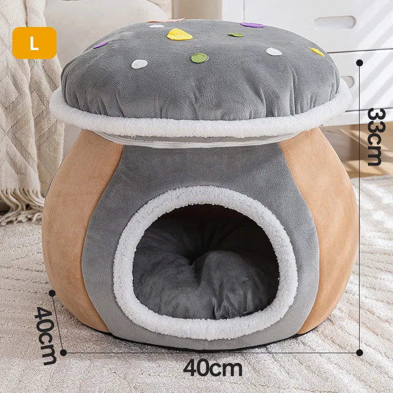 Grey mushroom-shaped hooded cat bed made of soft rabbit plush, shown with a cat inside.