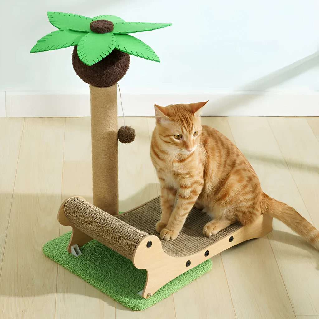 Wooden beach chair cat bed with integrated hemp mat scratch board and chamfered legs.