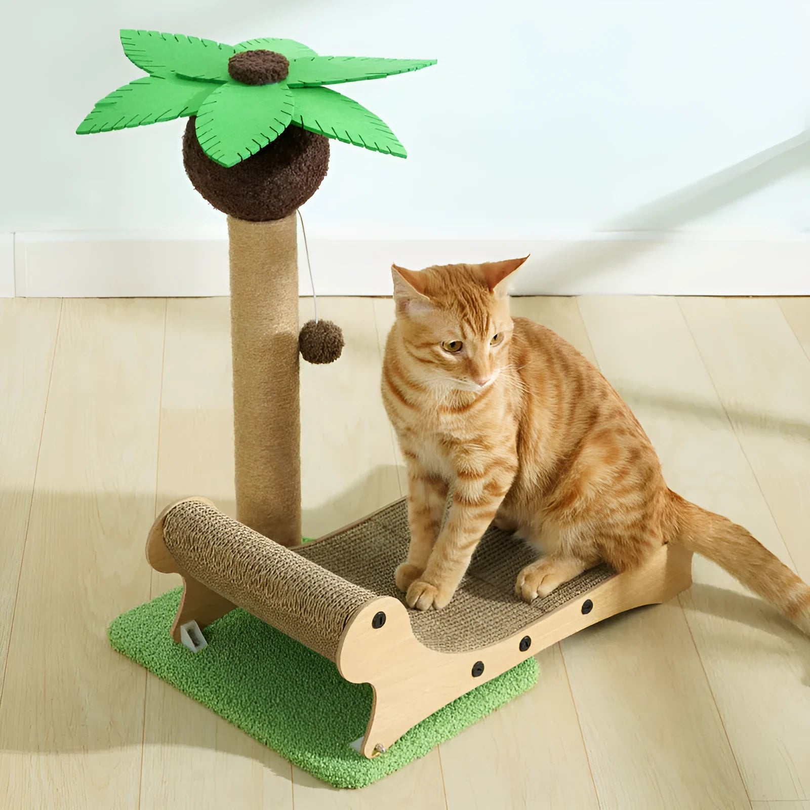 Wooden beach chair cat bed with integrated hemp mat scratch board and chamfered legs.