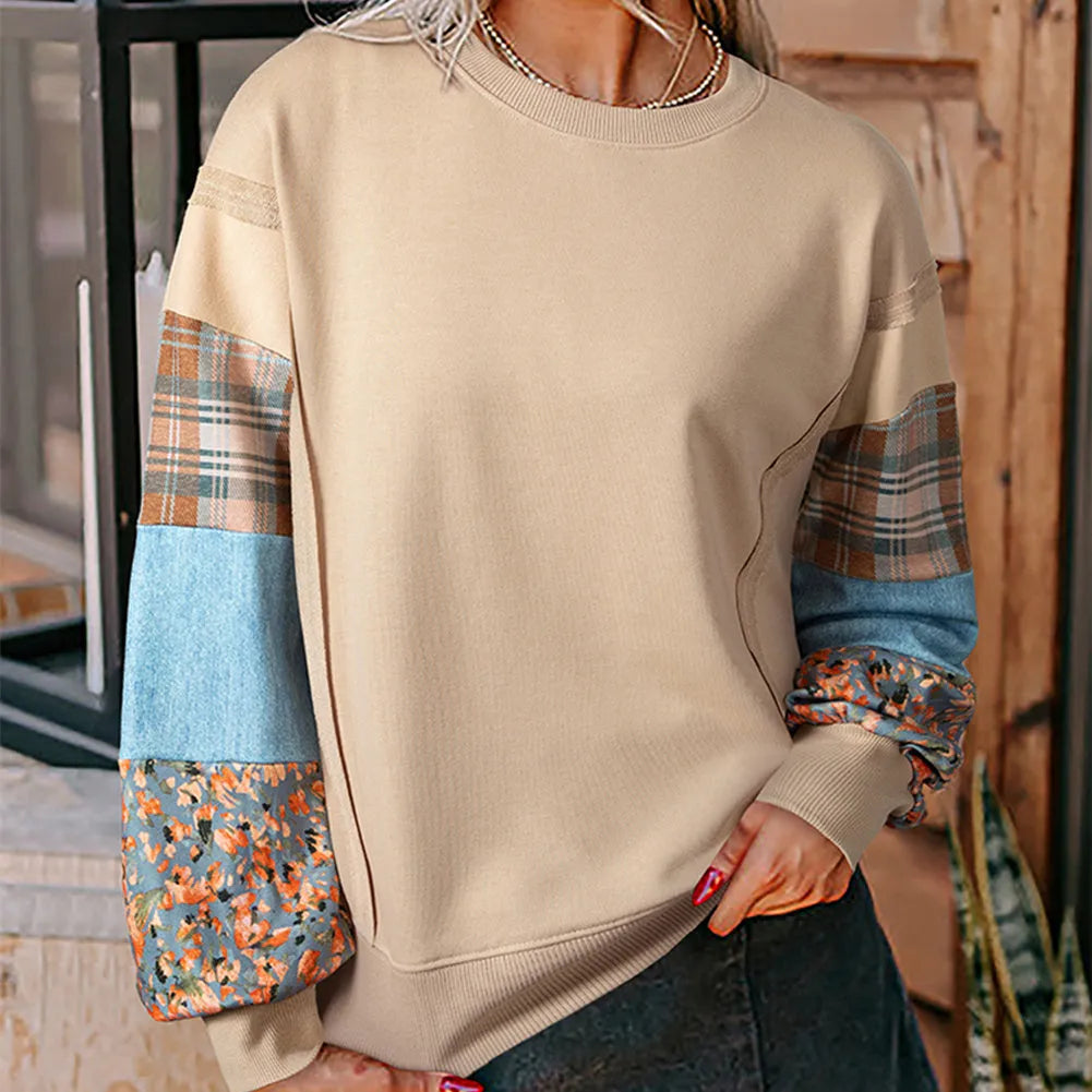 Women's loose plaid top with long sleeves in apricot colour showing Japanese-Korean casual styling