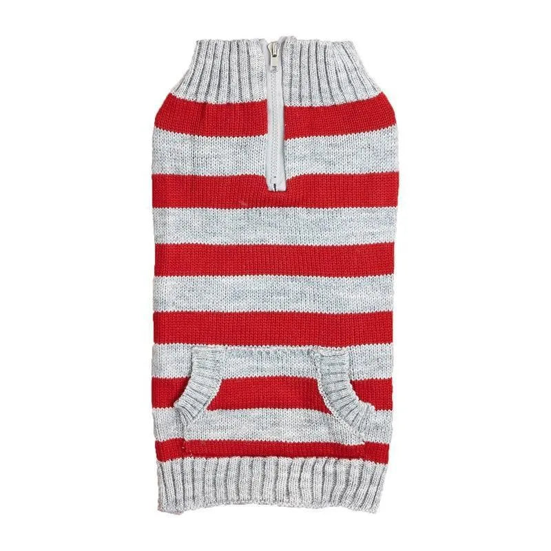 Grey dog sweater with contrast trim, horizontal front zipper, and a button pocket on a small dog.