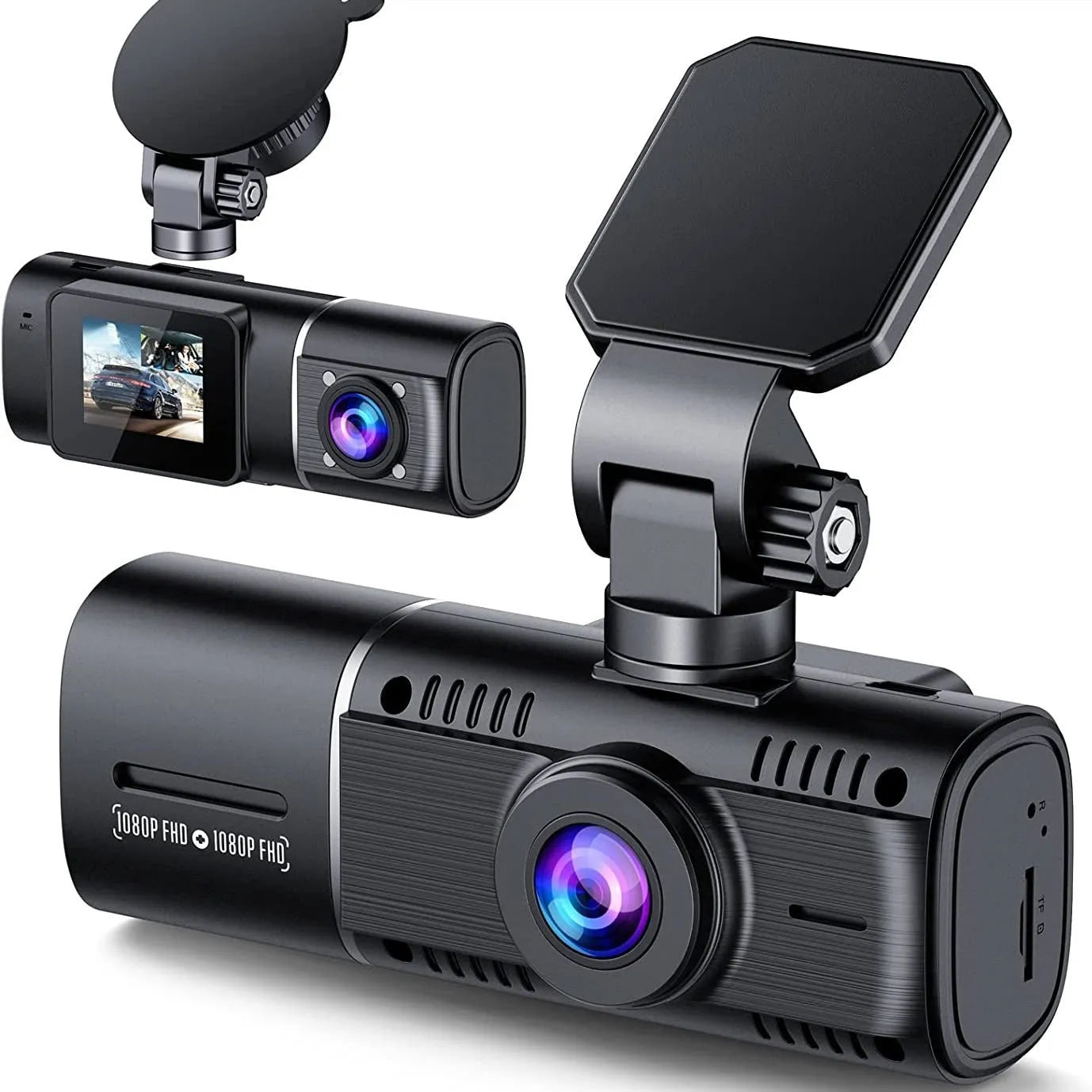 Black dash cam with 1.5-inch screen mounted on car windscreen showing dual camera recording.