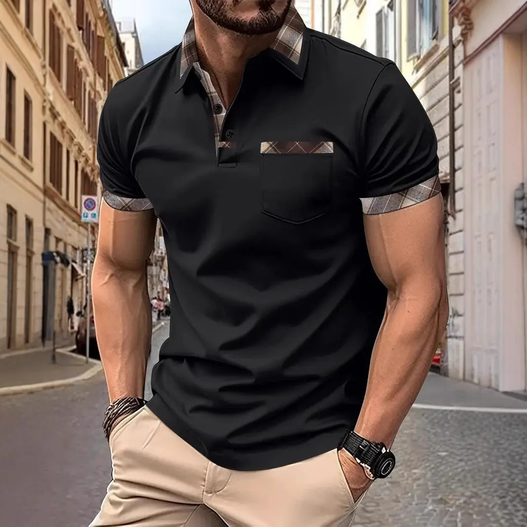 Men's loose fit colourblock plaid t-shirt with zip decorations in multiple colour options