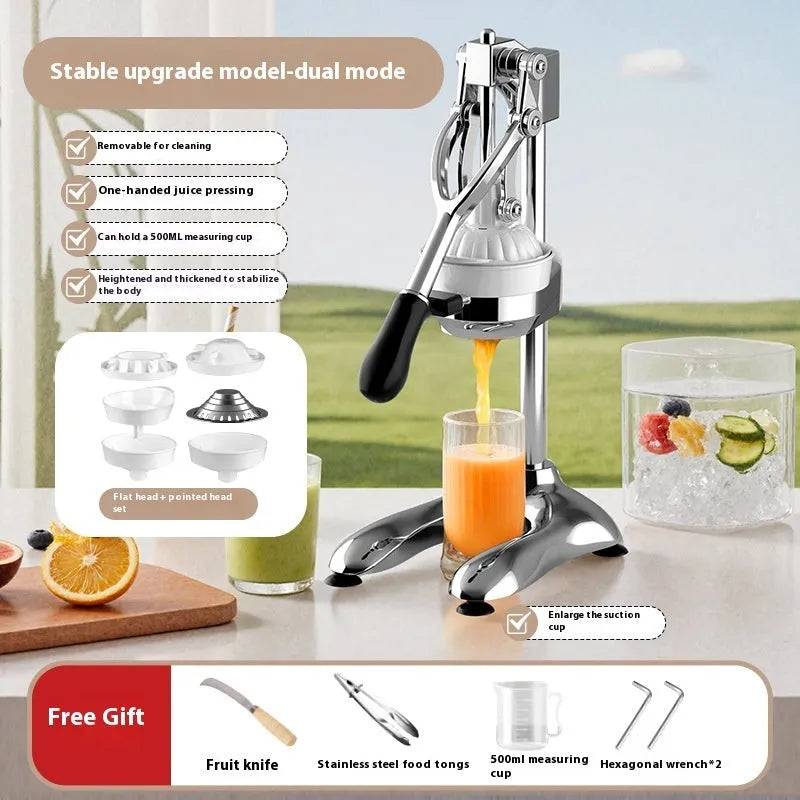 Manual stainless steel and nylon orange juicer with 480cm size on a kitchen counter.