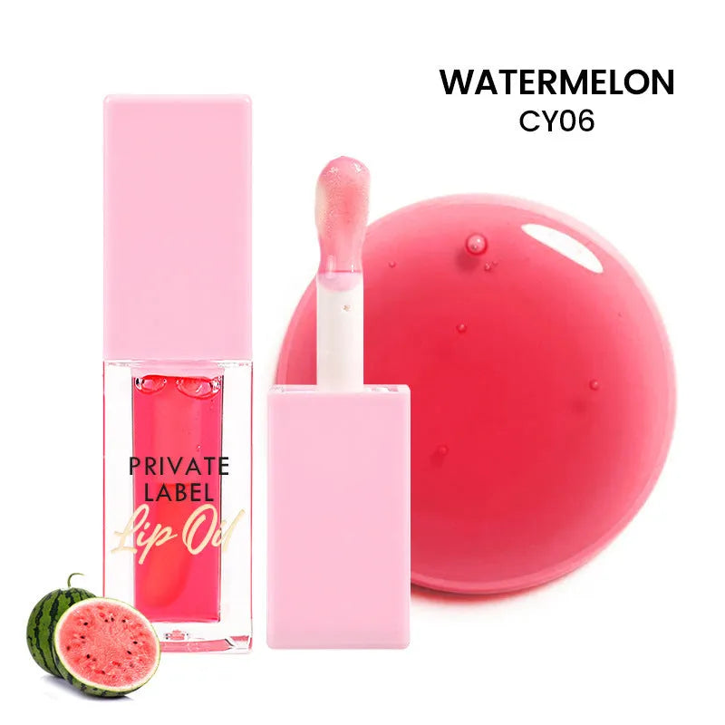 Six transparent lip gloss tubes in fruity flavours: bird of paradise, cherry, coral, mango, strawberry, watermelon