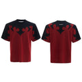 Men's red cotton t-shirt with 3D embroidered flower pattern and rhinestone details, loose drop-shoulder fit.