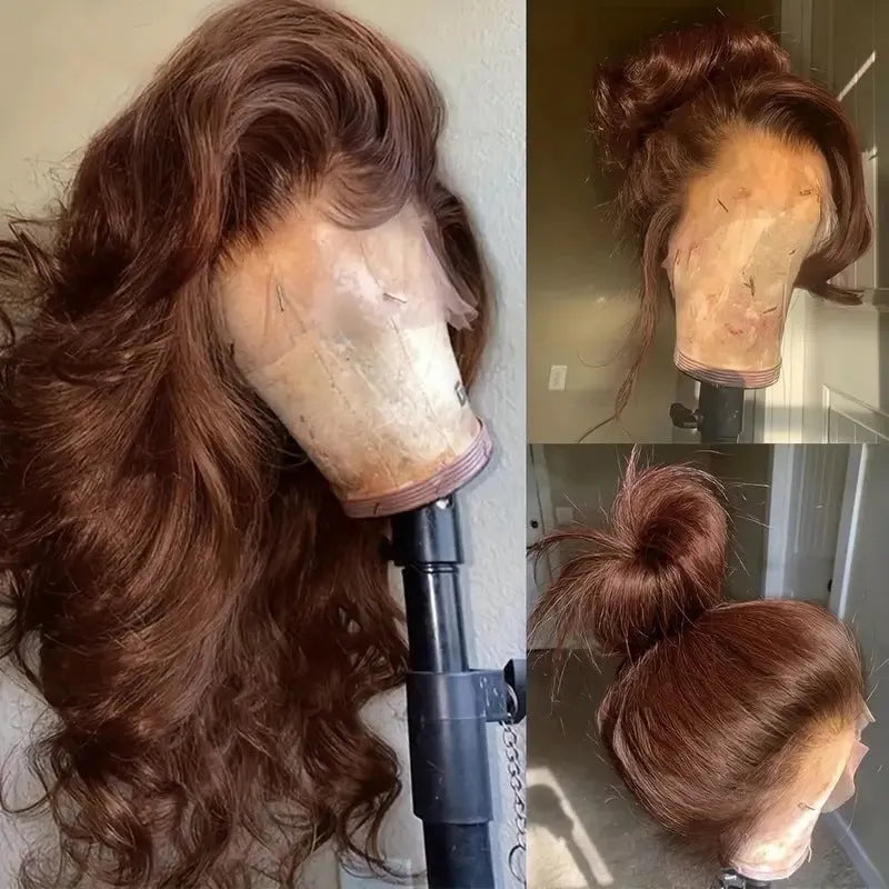 Long dark brown curly synthetic wig with side bangs on a mannequin head, showing front lace construction.