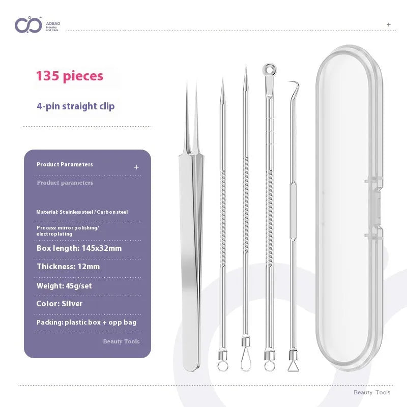 Four silver metal acne needles with pointed tips laid out on a flat surface.