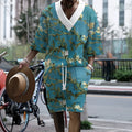 Men's peacock blue 3D printed knitted shorts suit with matching top and mid-length trousers