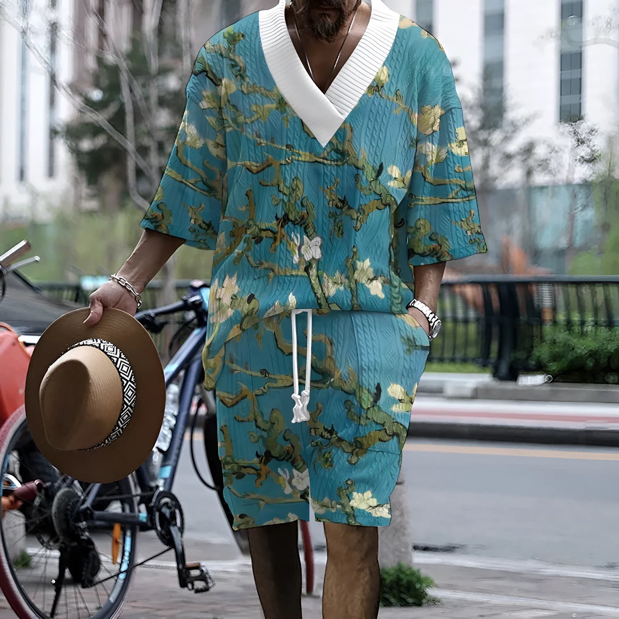 Men's peacock blue 3D printed knitted shorts suit with matching top and mid-length trousers
