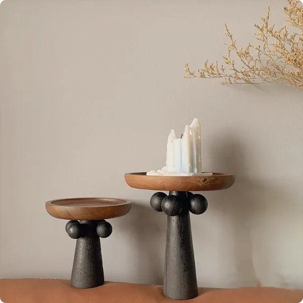 Nordic high-legged round wooden tray for candles and home decor in natural wood colours