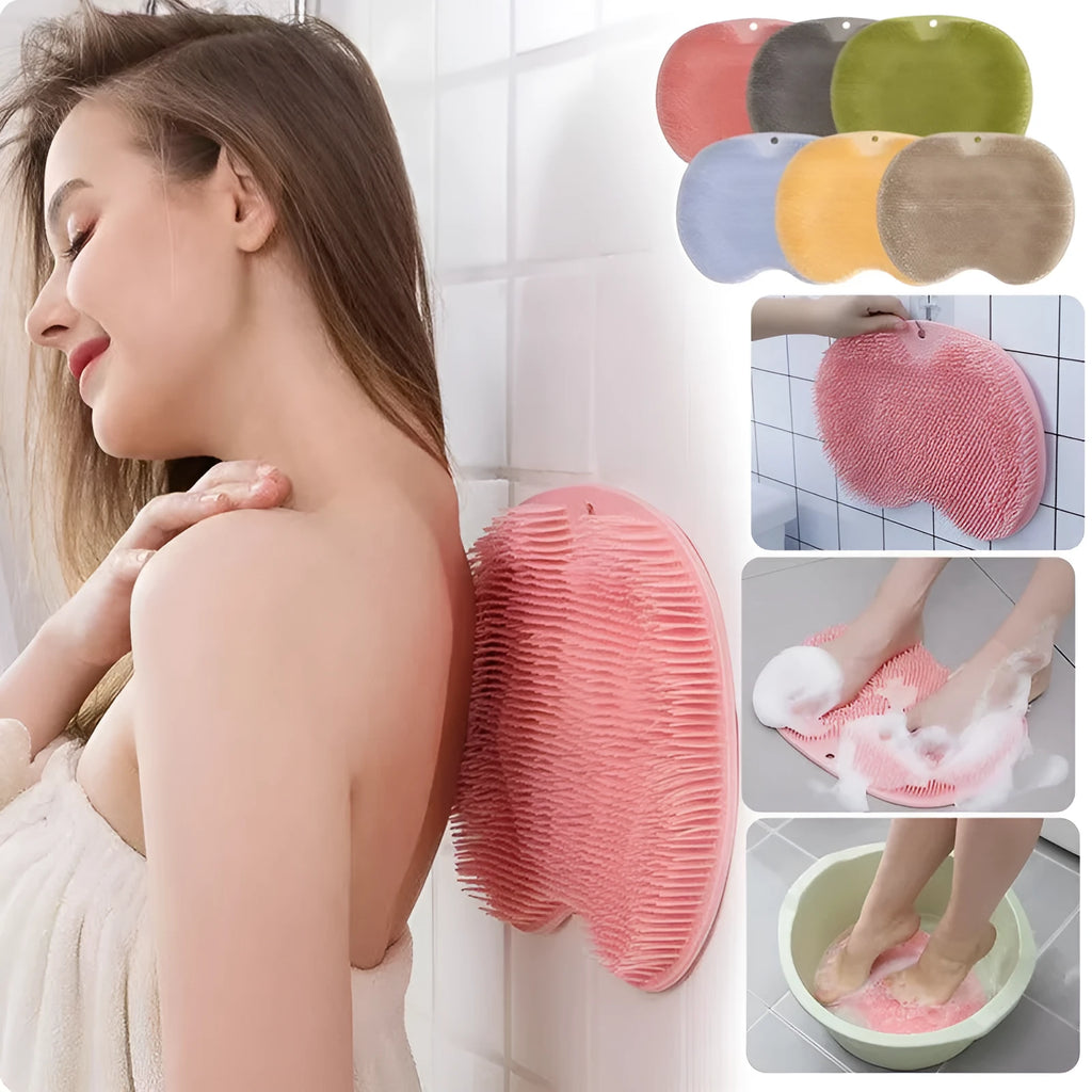 Orange silicone bristle bath brush with suction cups on base, size 23x30cm, for foot and back cleaning.