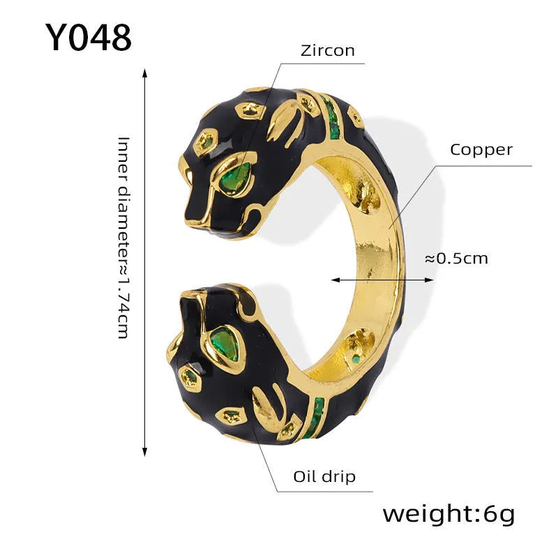 Women's geometric open ring with black cheetah animal pattern, size no.7 copper construction