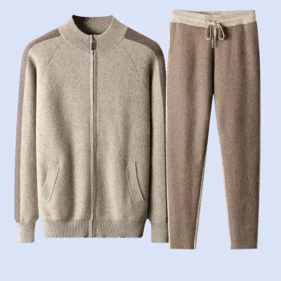 Men's cashmere blend cardigan suit with half turtleneck zip and matching trousers in winter colours