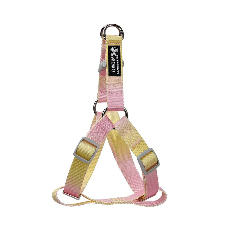 Gradient colour nylon dog leash set with collar, bracelet, and chest strap options in pink/yellow and purple/green combinations