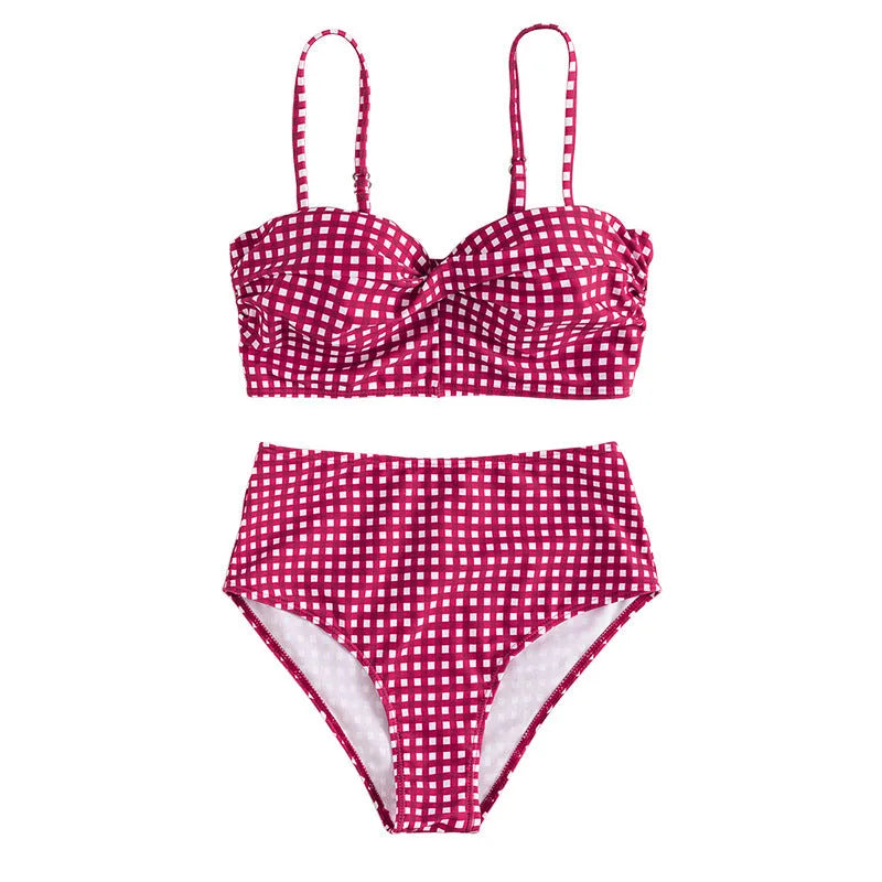 Women's high-waisted plaid bikini swimsuit with split briefs design in polyester fibre
