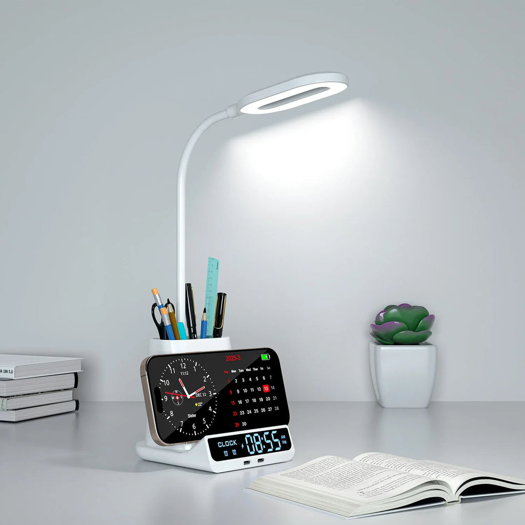 Modern desk lamp with wireless charging surface and integrated pen holder storage compartment