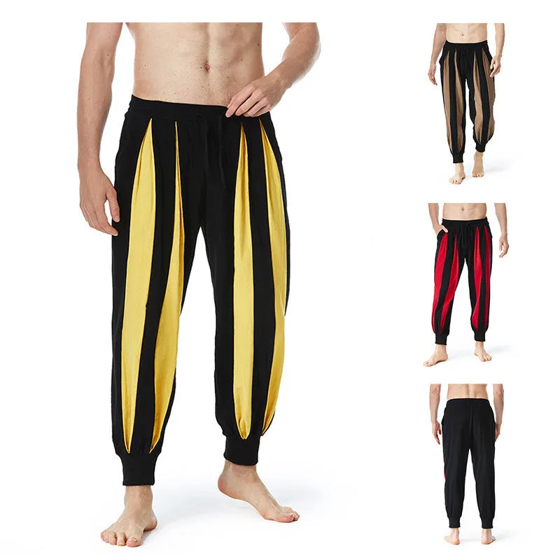 Men's straight leg casual trousers in red, khaki, yellow, or brown, made from polyester fabric.