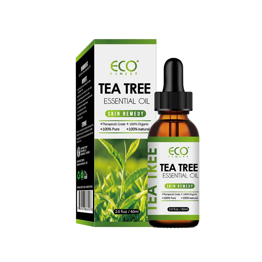 60ml glass bottle of tea tree essential massage oil for facial and skincare treatment.