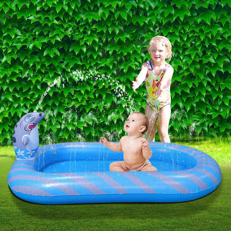 Blue dinosaur shark inflatable water spray pool for kids outdoor play