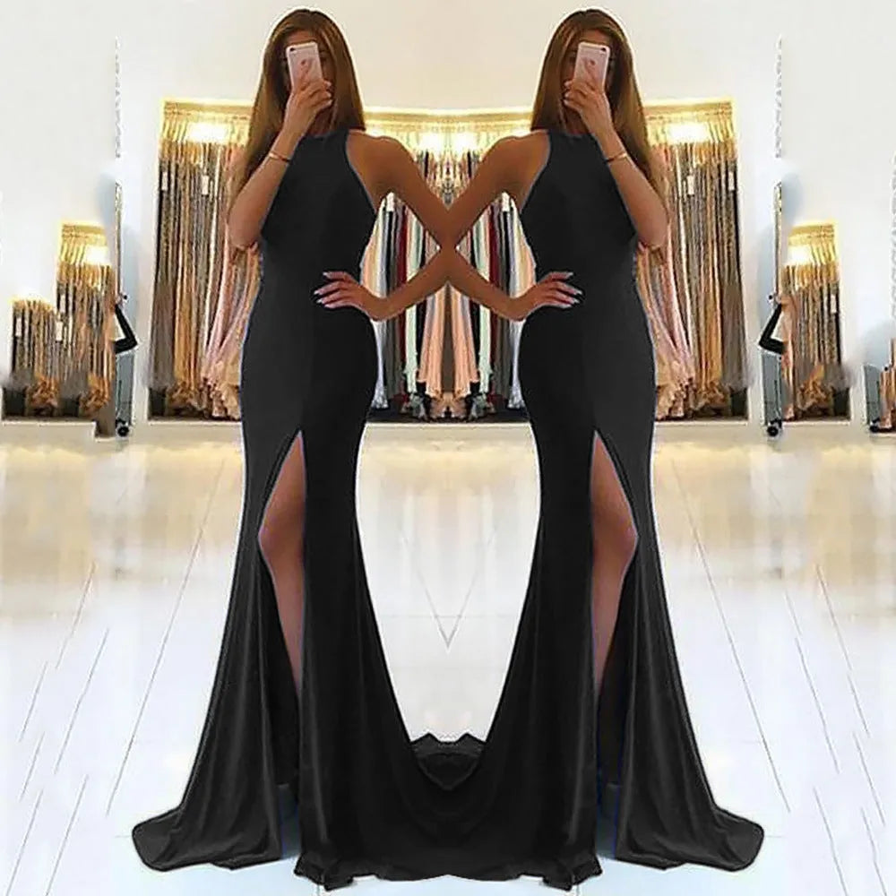 Long red ladies evening dress with a high waist and large swing skirt, featuring a zipper closure.