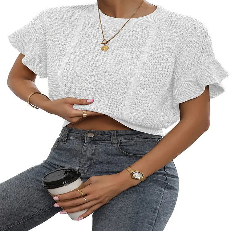 Loose fit knitted pullover sweater with ruffled short sleeves and twisted string design detailing