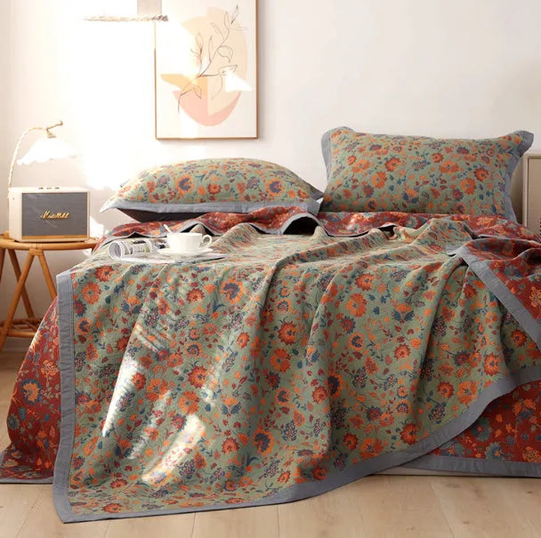Cotton gauze bed blanket set with floral botanical pattern and two matching pillowcases