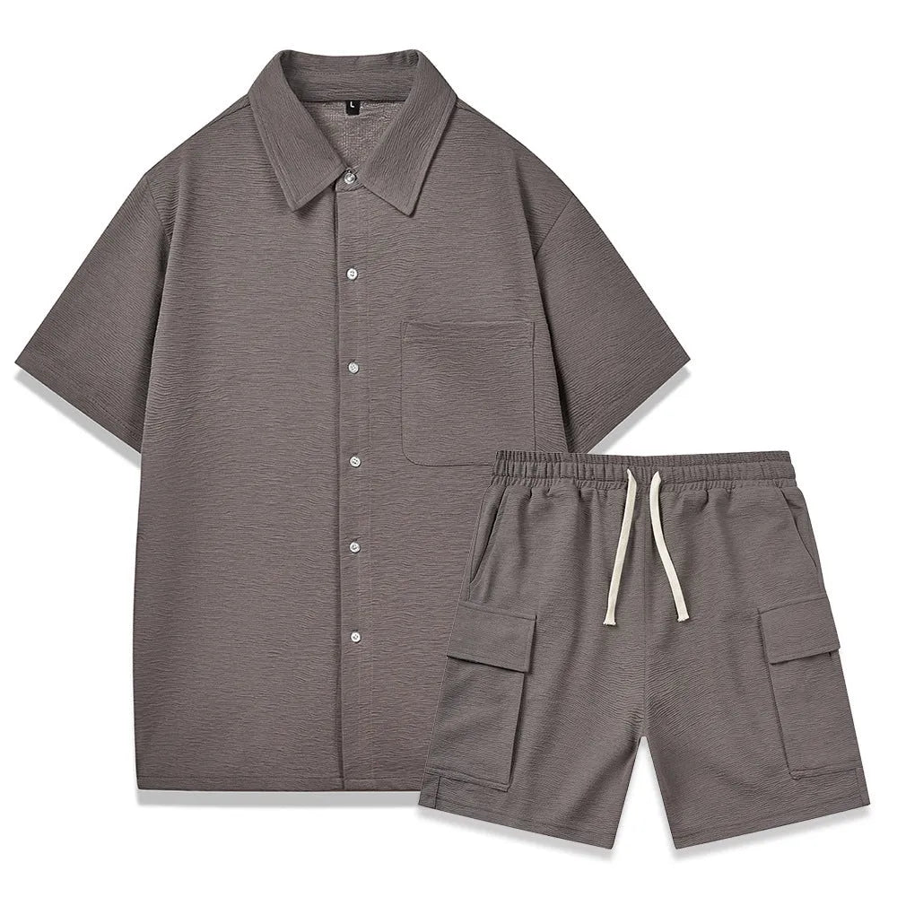 Women's plain two-piece casual set with short sleeve top and elastic waist shorts in beige.