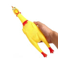 Yellow rubber screaming chicken dog toy shown in three sizes for different breed dogs