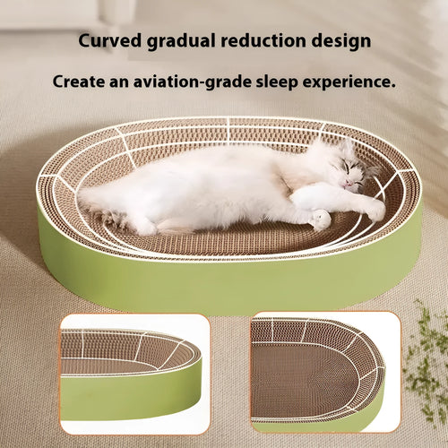 Green oval corrugated paper cat scratch board nest with a 55 cm diameter.