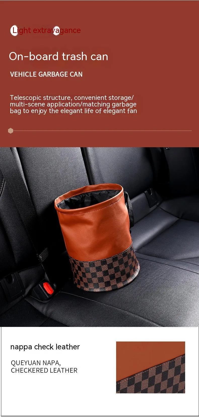 Retractable leather car interior trash can with carry handle in colour as shown.
