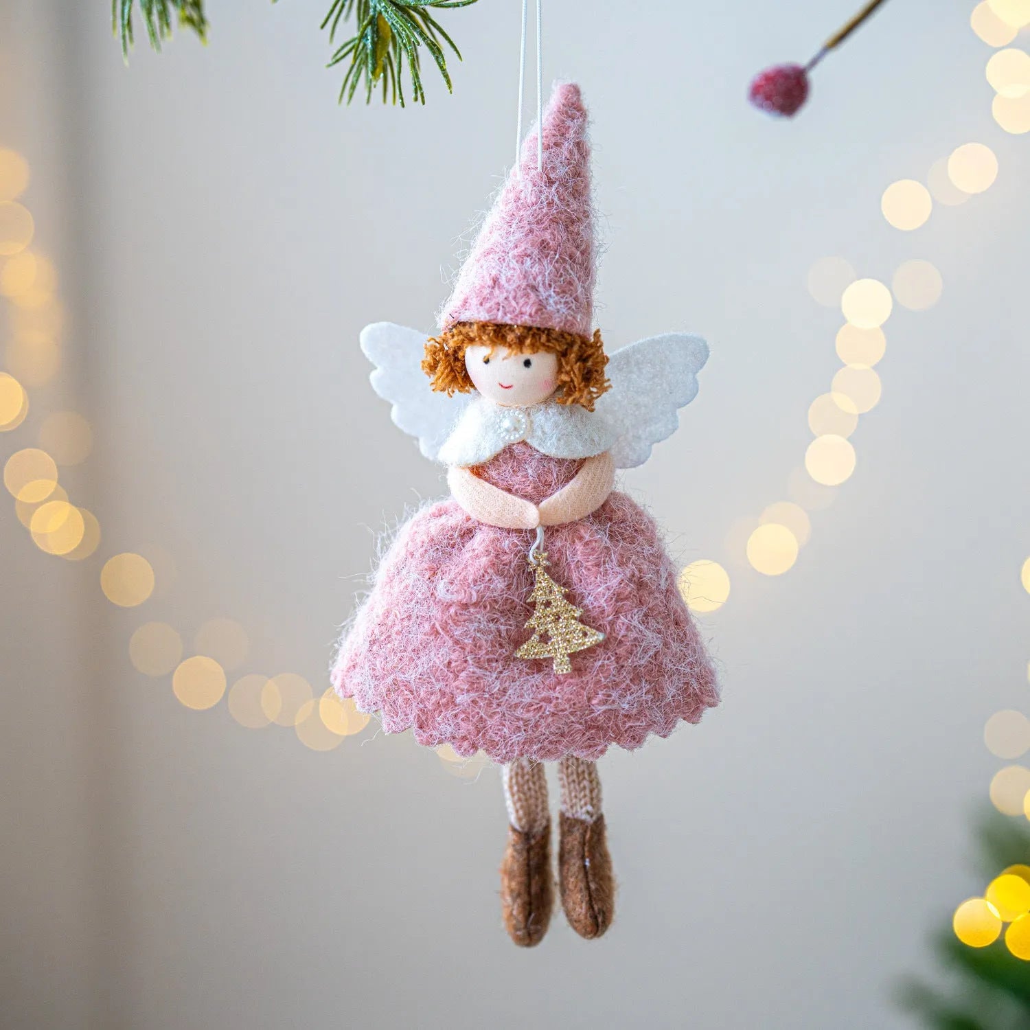 White and pink cloth Christmas girl angel skirt felt pendant decoration with modern simplicity design