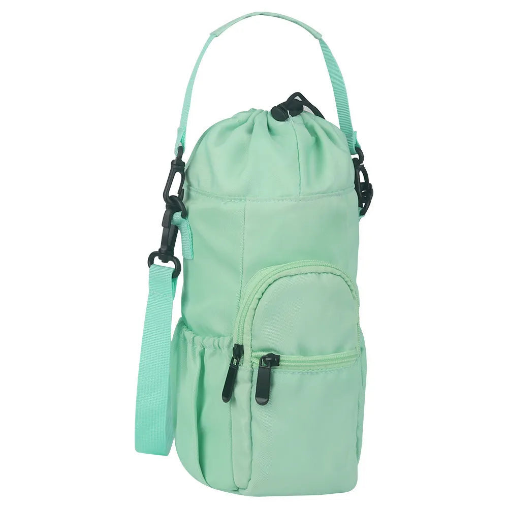 Cloth water bottle shoulder bag with crossbody strap in black, green, or pink colour
