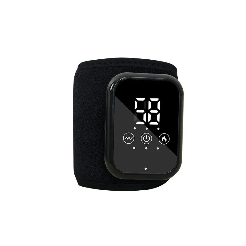 Black electric heating ankle sleeve wrapped around ankle showing elastic construction