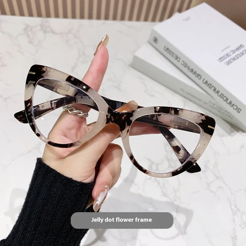 Women's large cat's eye reading glasses with dragon and phoenix decorations on frame in available colours